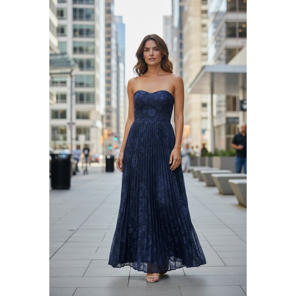 Lulus Navy Blue Floral Jacquard Strapless Pleated Maxi Dress Small NWT